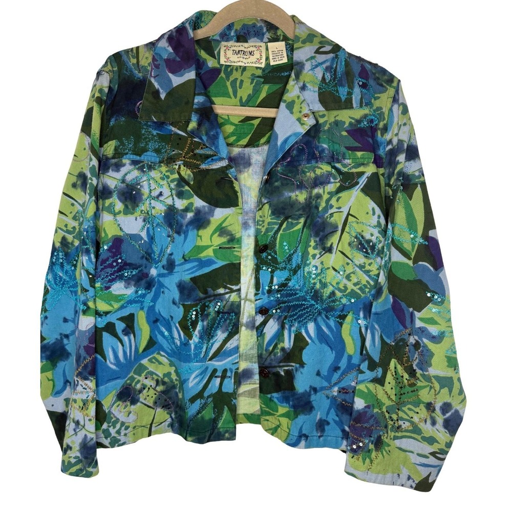 Tantrums Jacket Women Large Blue Green Floral Sequin Embellished Art To Wear